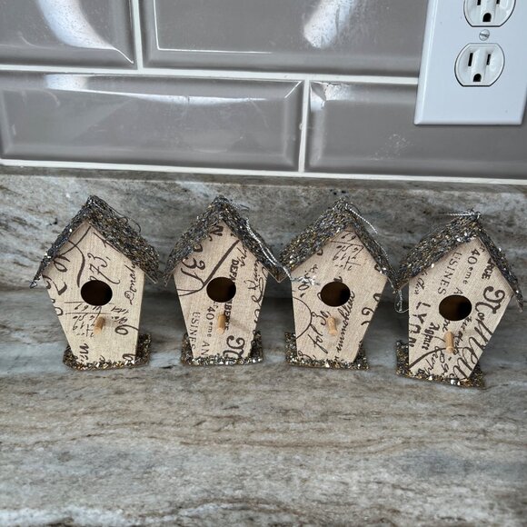 Set Of 8 Miniature Decorative Glitter Birdhouse Ornaments Printed Fabric - Picture 5 of 10